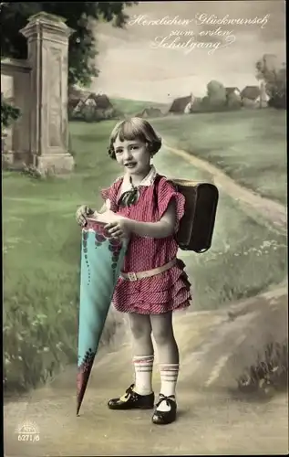 Ak Glückwunsch Einschulung, Mädchen mit Zuckertüte und Schulranzen