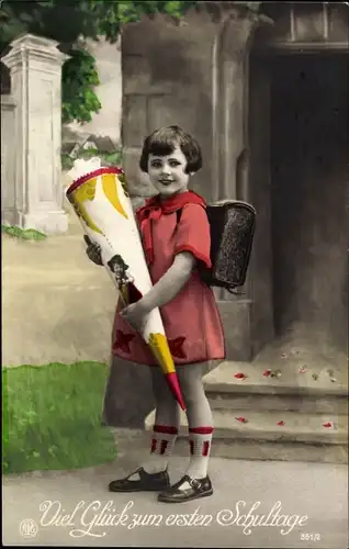Ak Glückwunsch Einschulung, Mädchen mit Zuckertüte und Schulranzen