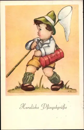 Künstler Ak Glückwunsch Pfingsten, Junge mit Kescher