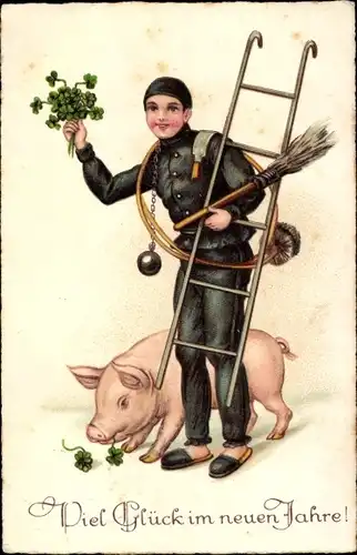 Ak Glückwunsch Neujahr, Schornsteinfeger, Schwein, Kleeblätter
