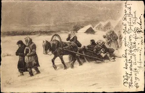 Künstler Litho Schlittengespann, Pferd, Winterszene, Menschen verlassen ihr Dorf