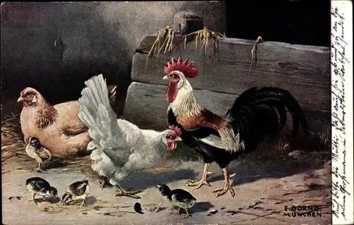 Künstler Ak Dorno, E., Hahn, zwei Hühner und Küken