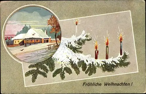 Ak Glückwunsch Weihnachten, Tannenzweige, Wohnhaus