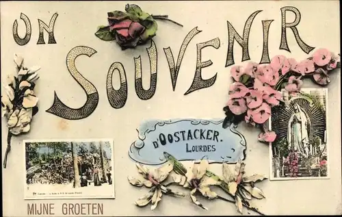 Ak Oostacker Lourdes Ostflandern, Souvenir, Blumen, Maria