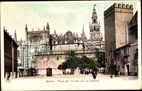Ak Sevilla Andalusien, Plaza del Triunfo con la Catedral