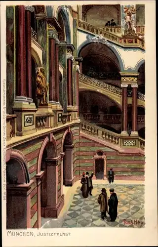 Künstler Litho Hey, Paul, München, Treppenhaus im Justizpalast, Innenansicht