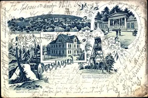 Litho Odershausen Bad Wildungen in Nordhessen, Gasthaus, Wasserfall, Aussichtsturm, Helenenquelle