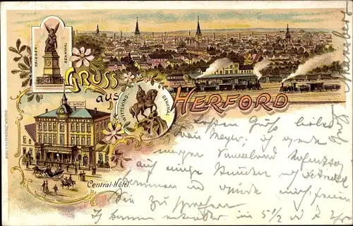 Litho Herford in Westfalen, Gesamtansicht, Kriegerdenkmal, Central Hotel, Wittekind Denkmal