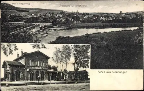 Ak Gensungen Felsberg Hessen, Panorama mit Heiligenberg, Ederbrücke, Bahnhof Gleisseite