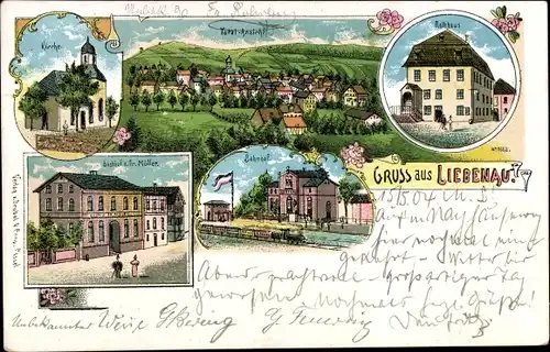 Litho Liebenau in Hessen, Kirche, Rathaus, Gasthof Fr. Müller, Bahnhof, Gesamtansicht