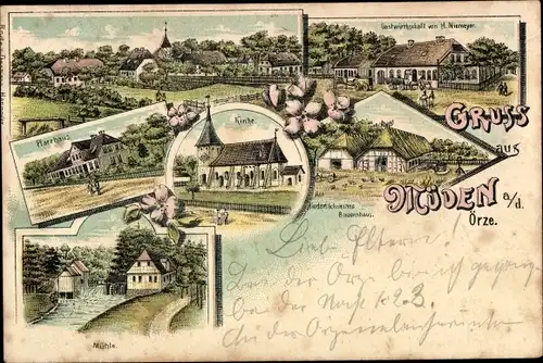 Litho Müden an der Örtze Faßberg Lüneburger Heide, Kirche, Pfarrhaus, Gastwirtschaft, Mühle