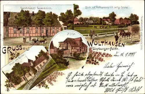 Litho Wolthausen Winsen an der Aller, Gastwirtschaft Lüssmann, Mühle, Oertzebrücke, Schule, Glocke