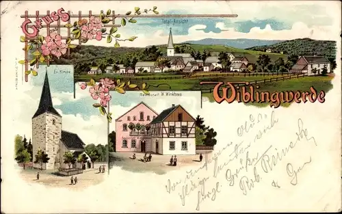 Litho Wiblingwerde im Sauerland, Restaurant W. Winkhaus, Kirche, Totalansicht