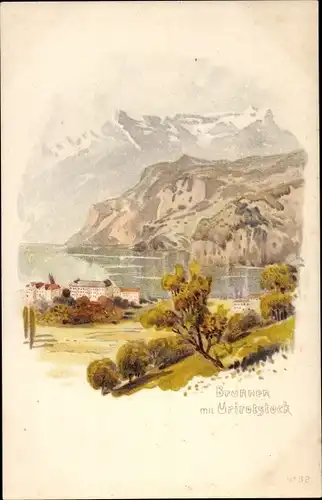 Litho Brunnen Kt Schwyz, Ortansicht mit Urirotstock