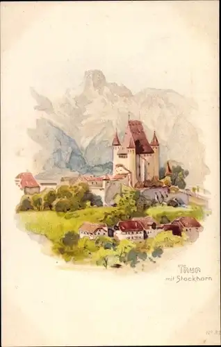 Litho Thun Kanton Bern Schweiz, Ortsansicht mit Stockhorn