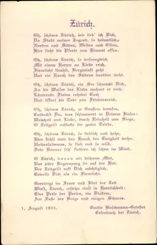 Ak Zürich Stadt Schweiz, Gedicht Zürich, Oh, schönes Zürich, wie lieb' ich Dich...