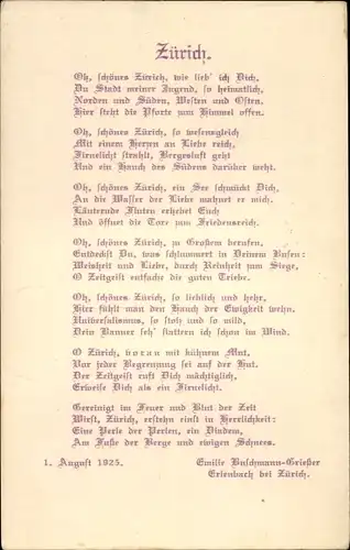 Ak Zürich Stadt Schweiz, Gedicht Zürich, Oh, schönes Zürich, wie lieb' ich Dich...