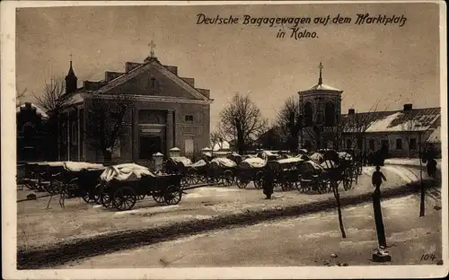 Ak Kolno Köllen Ostpreußen Polen, Deutsche Bagagewagen auf dem Marktplatz, I. WK