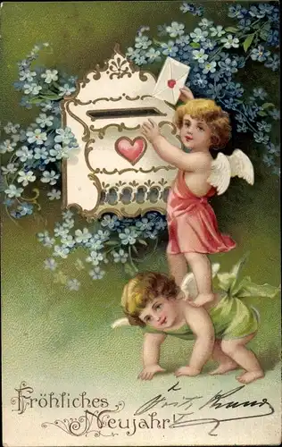 Präge Litho Glückwunsch Neujahr, Engel, Briefkasten, Vergissmeinnicht