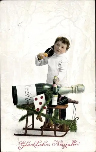 Ak Glückwunsch Neujahr, Junge mit Schlitten und Sektflaschen, Reklame Henkel trocken