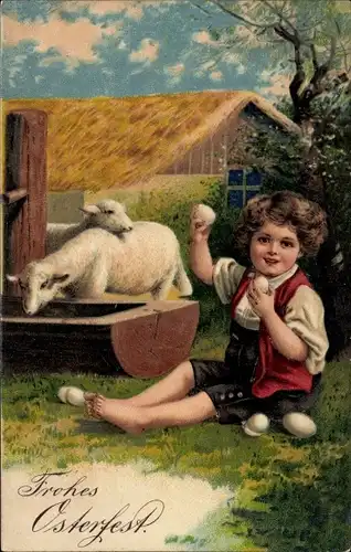 Präge Ak Glückwunsch Ostern, Junge mit Eiern, Schafe an der Tränke