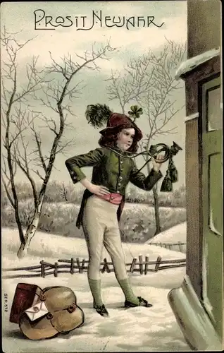Präge Ak Glückwunsch Neujahr, Bote mit Posthorn an einer Tür