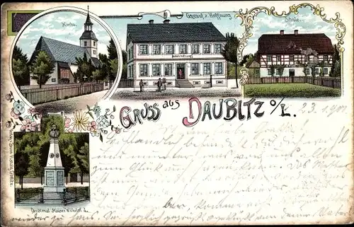 Litho Daubitz Rietschen in der Oberlausitz, Schule, Gasthof zur Hoffnung, Kirche, Denkmal