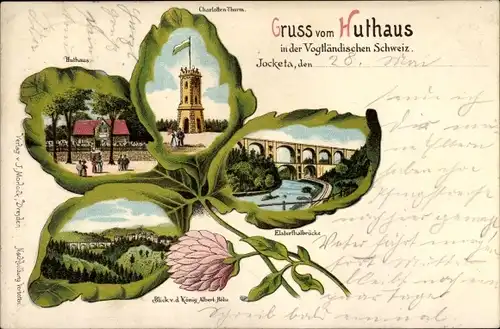 Kleeblatt Litho Jocketa Pöhl, Huthaus, Carlottenturm, Elstertalbrücke, Blick v. d. König Albert Höhe