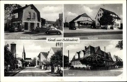 Ak Suhlendorf in der Lüneburger Heide, Kaufhaus Trojan, Sparkasse, Dorfstraße, Schule