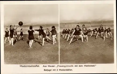 Foto Ak Medizinballstaffel, Balljagd mit Medizinbällen, Meusel, Frauengymnastik mit dem Medizinball