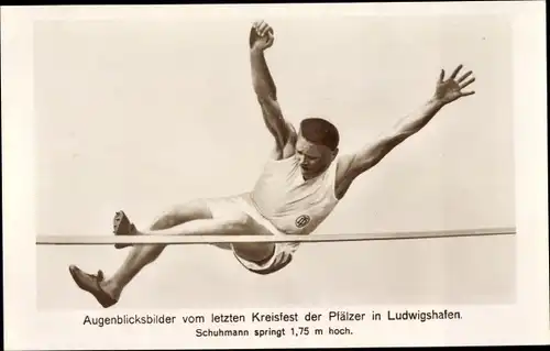 Foto Ak Ludwigshafen am Rhein, Augenblicksbilder vom Kreisfest der Pfälzer, Hochspringer Schuhmann