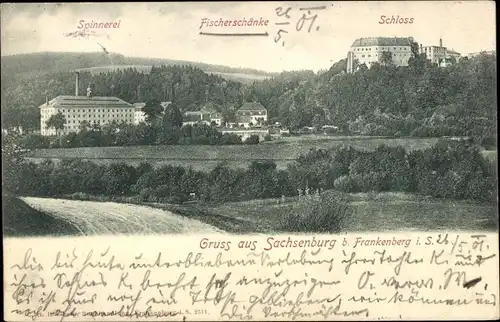 Ak Frankenberg in Sachsen, Schloss Sachsenburg, Spinnerei, Fischerschänke, Schloss