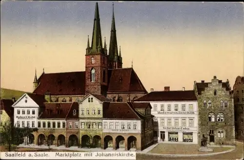 Ak Saalfeld an der Saale, Marktplatz mit Johanniskirche, Modewarengeschäft Gebr. Cohn