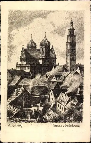 Künstler Ak Augsburg, Rathaus und Perlachturm