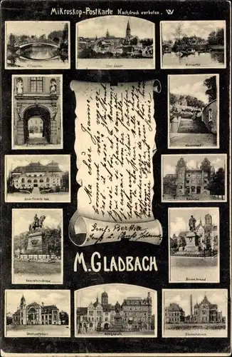 Ak Mönchengladbach am Niederrhein, Mikroskop-Postkarte, Denkmal, Kirche, Teilansichten