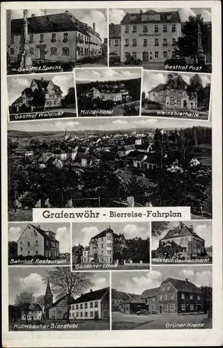 Ak Grafenwöhr Oberpfalz Bayern, Bierreise-Fahrplan, Gasthof Specht, Post, Waldlust, Militär-Hotel