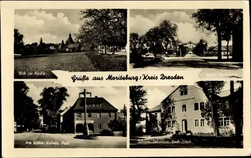 Ak Moritzburg in Sachsen, Blick zur Kirche, Schloss, Am Käthe-Kollwitz-Platz, Johann-Seb.-Bach