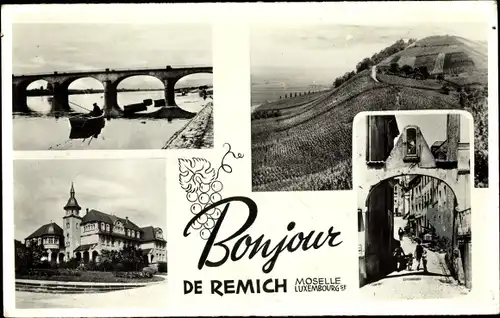 Ak Remich an der Mosel Luxemburg, Teilansichten, Brücke, Tor, Gebäude