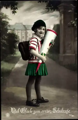 Ak Glückwunsch Einschulung, Mädchen mit Zuckertüte und Schulranzen