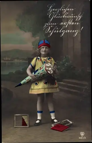 Ak Glückwunsch Einschulung, Mädchen mit Zuckertüte und Abakus