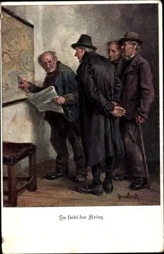 Künstler Ak So steht der Sieg, alte Männer vor einer Landkarte