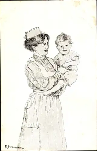 Künstler Ak Bachmann, E., Ostpreußische für die Säuglingsfürsorge, Baby, Krankenschwester