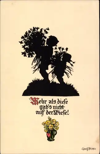 Scherenschnitt Künstler Ak Kinder, Blumenstrauß, Mehr als diese gab's nicht auf der Wiese