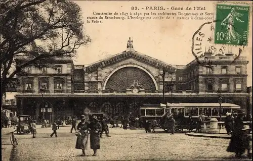 Ak Paris X, Gare de l'Est, Blick auf den Bahnhof, Straßenseite, Tram, Passanten