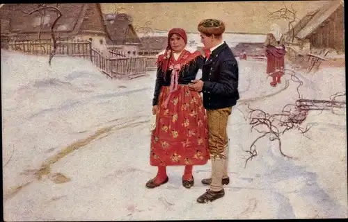 Ak Glückwunsch Weihnachten, Liebespaar in tschechischen Trachten, Dorfpartie
