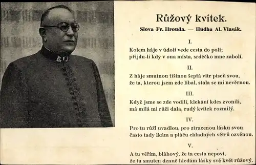 Ak Ruzovy kvitek, Slova Fr. Hrouda, Kolem haje v udoli vede cesta do poli...