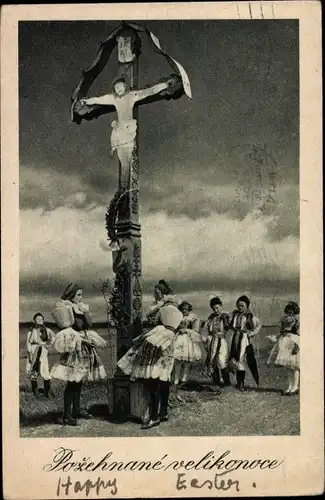 Ak Glückwunsch Ostern, Kreuz, Jesus, Tschechische Tracht