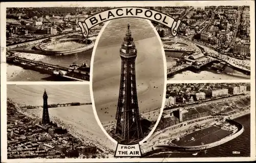 Ak Blackpool Lancashire England, From the Air, Strand, Turm, Schwimmbad