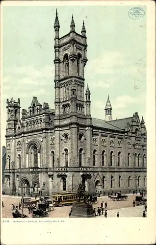 Ak Philadelphia Pennsylvania USA, Masonic Temple, Straßenbahn