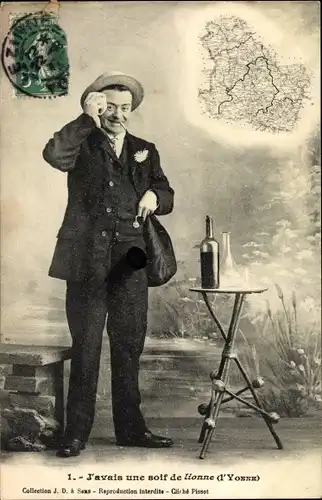 Ak Yonne, J'avais une soif de lionne, Mann mit Weinflasche, Landkarte
